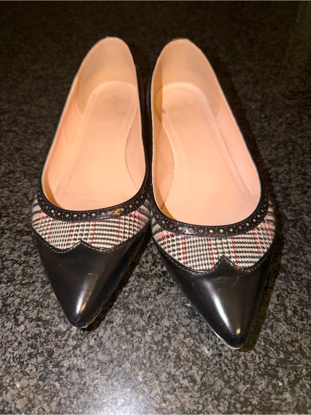 J. Crew Black Pointed Ballet Flats with Plaid Trim